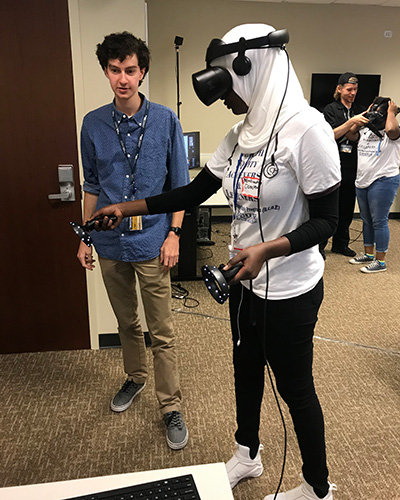 a student uses a VR system